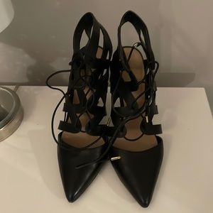 Black lace up vegan leather heels